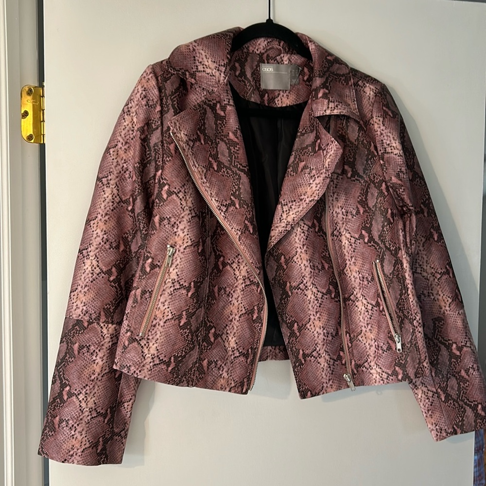 ASOS pink and black brown snakeskin pattern faux leather jacket size 8
